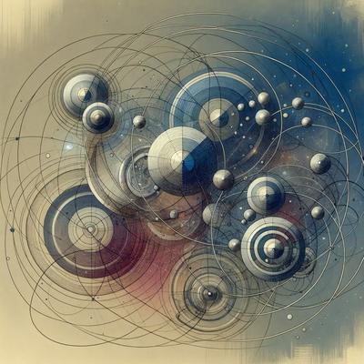 The primary subject of the image is a colorful and intricate artwork featuring a variety of shapes, including circles, spheres, and other geometric forms. The setting is a blue background, which adds to the overall visual style. The artwork appears to be a digital illustration or a hand-drawn illustration, showcasing the artist's creativity and skill. The colors and mood of the image are vibrant and lively, with a sense of depth and complexity in the composition.